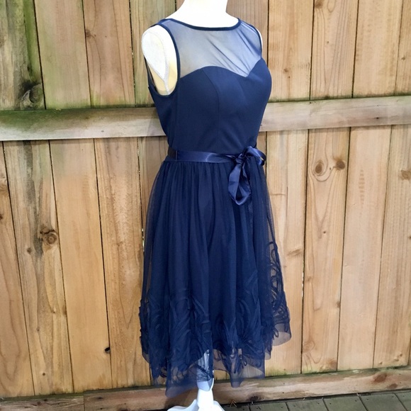 David’s Bridal Illusion Neckline Navy Dress NWT - Picture 5 of 8
